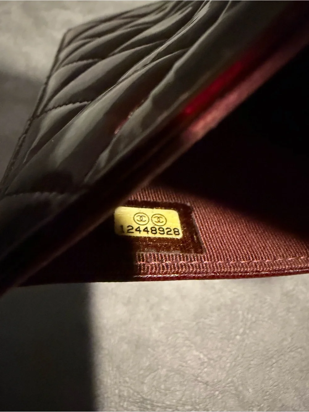 CHANEL Wine Red Medium Flap Patent Wallet Hologram w/ Chain and Authent Cert